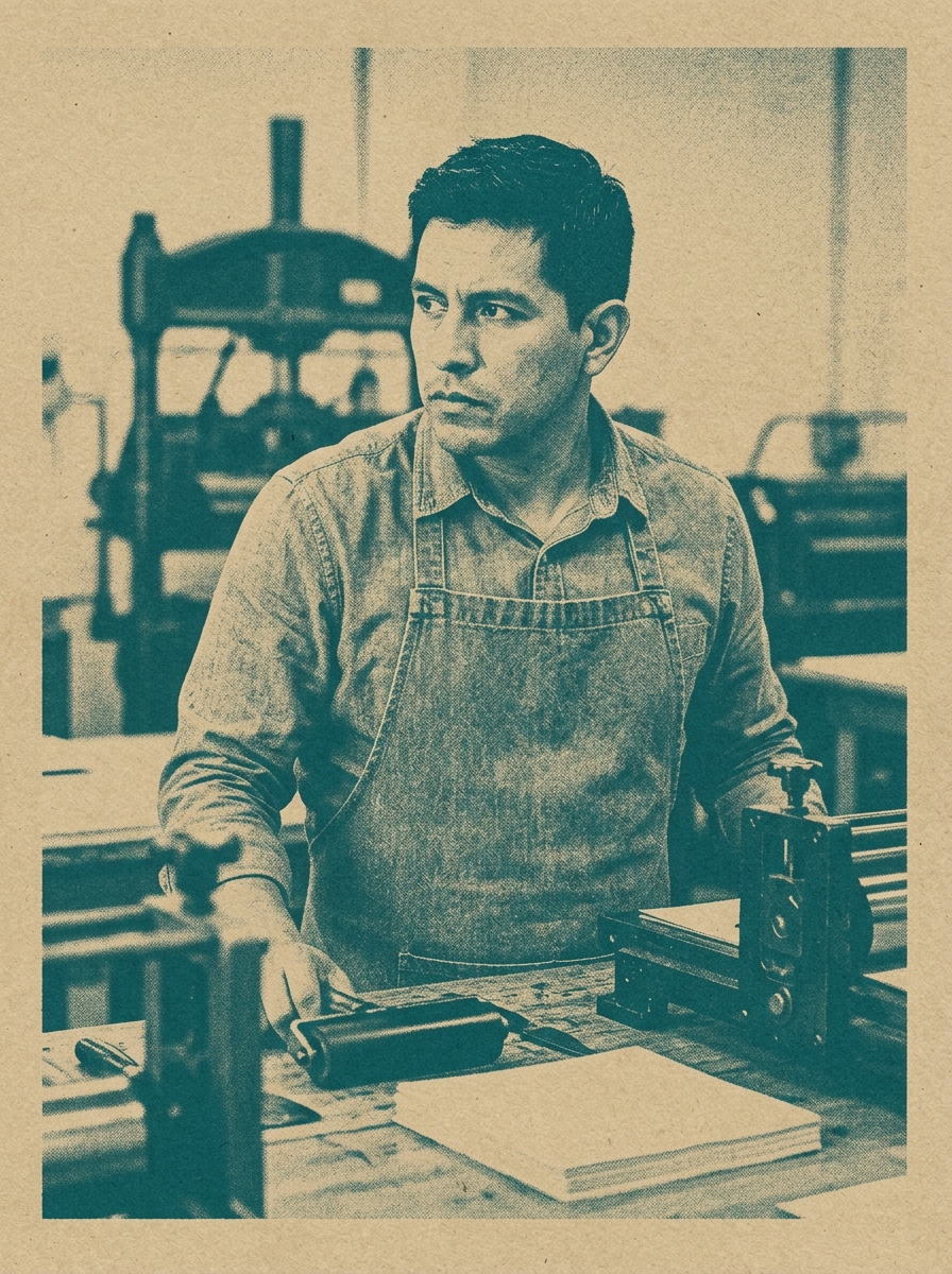 Ilustración duotono de un operador de taller de risografía, representación editorial del modelo operativo de Kheprai