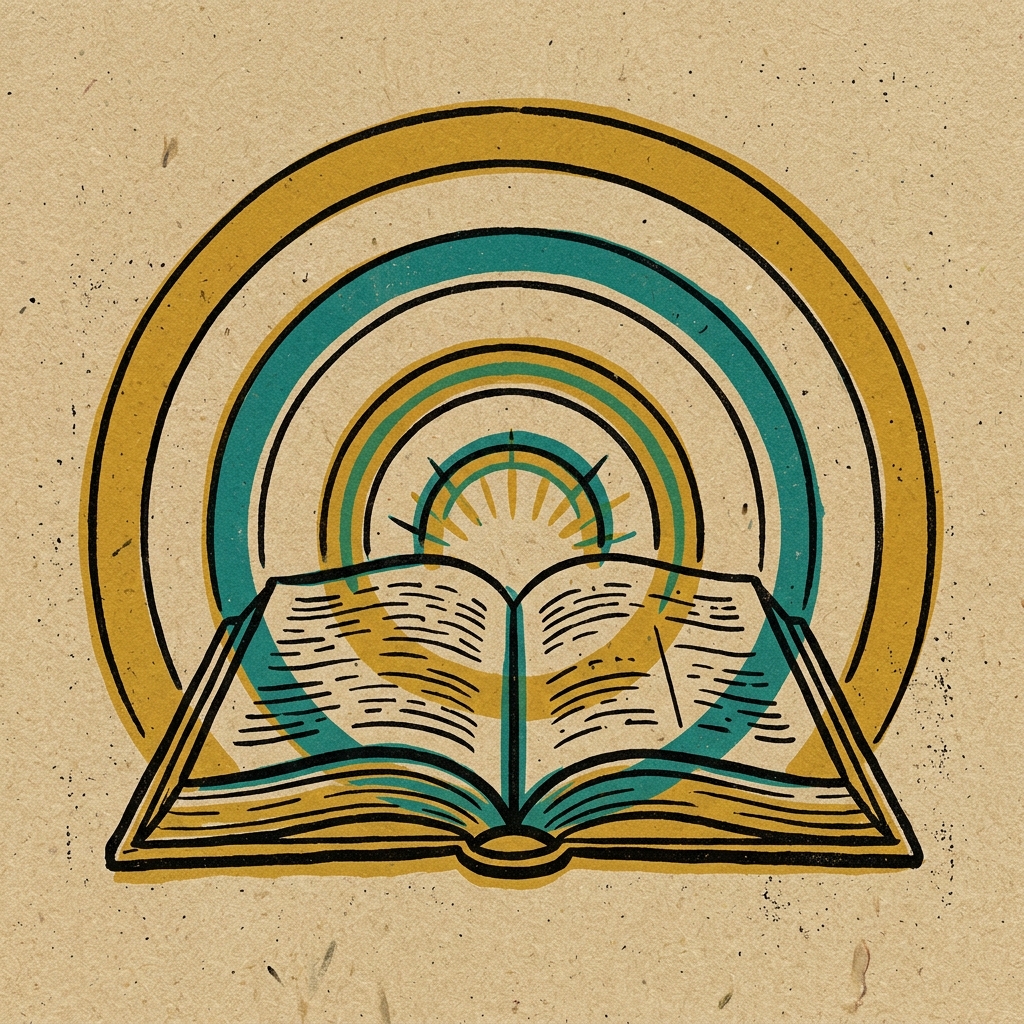 Ilustración risográfica de libro abierto con líneas de luz emanando