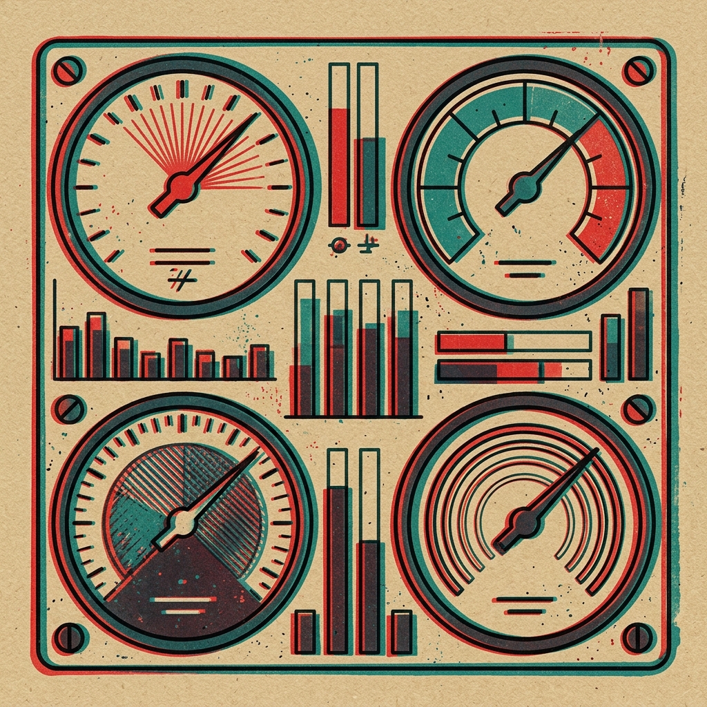 Ilustración risográfica de dashboard con gauges circulares y barras