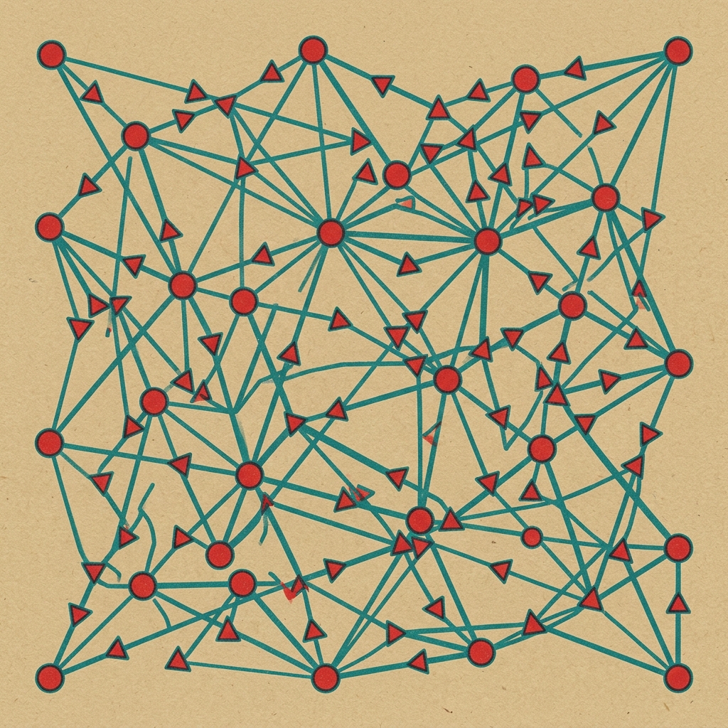 Ilustración risográfica de nodos geométricos conectados en grafo